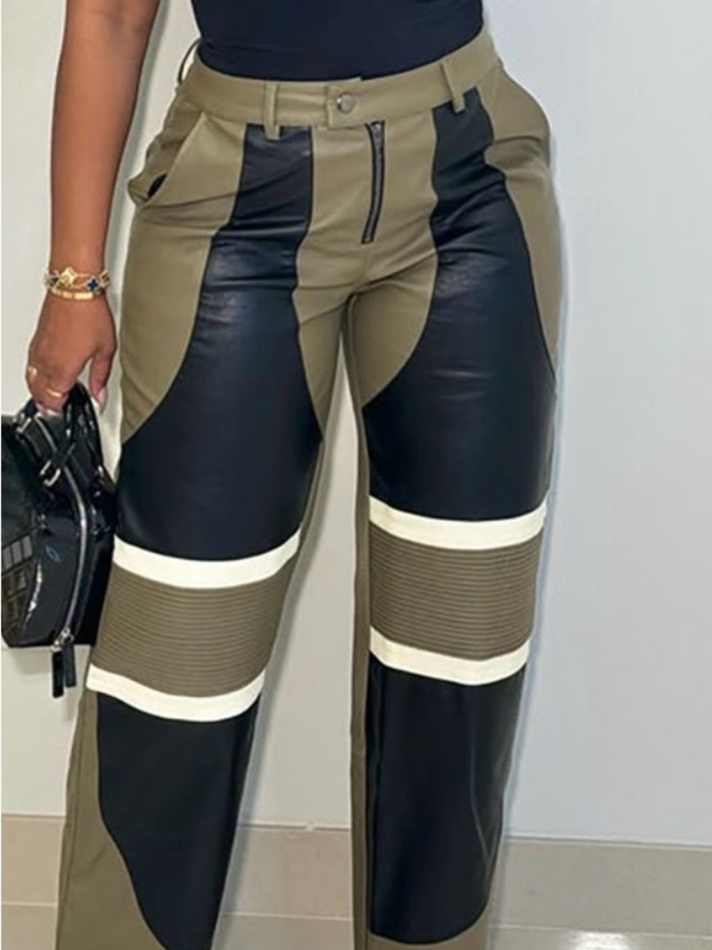 Fashion Nova Olive, Black & White Colorblock Wide Leg Pants